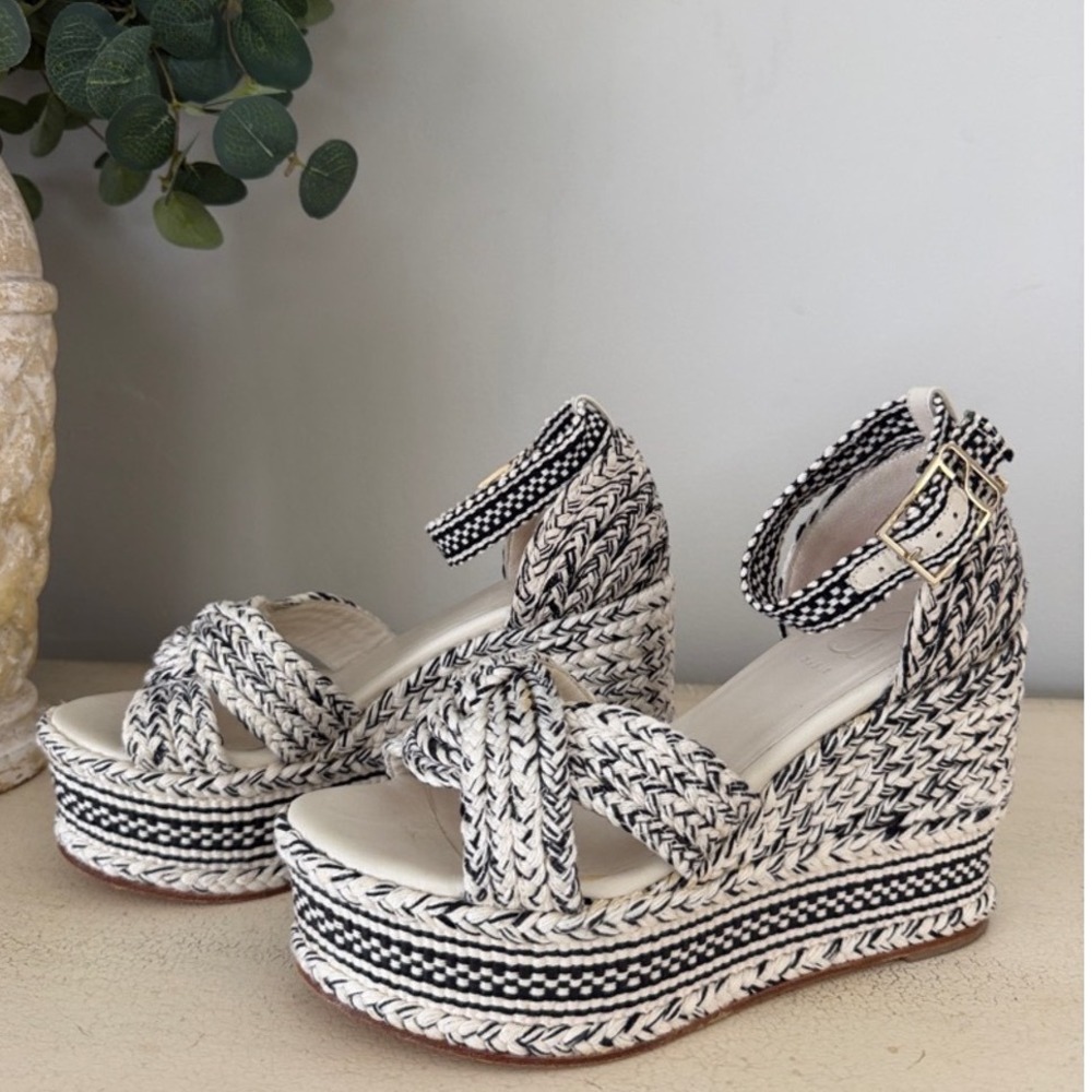 Antolina Women Sz 38 Woven Textile Braided Wedge‎ Platform Sandals Black White